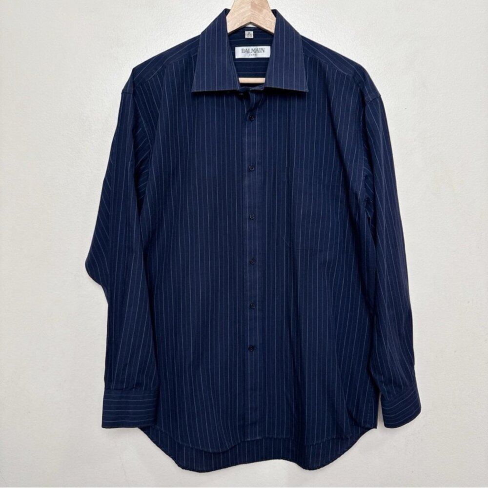 Balmain Paris Mens Medium 15.5 Pinstripe Navy Dress Shirt